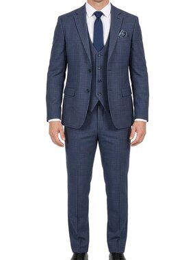 Navy Windowpane Plaid Notch Lapel 3 Piece Men's Suit